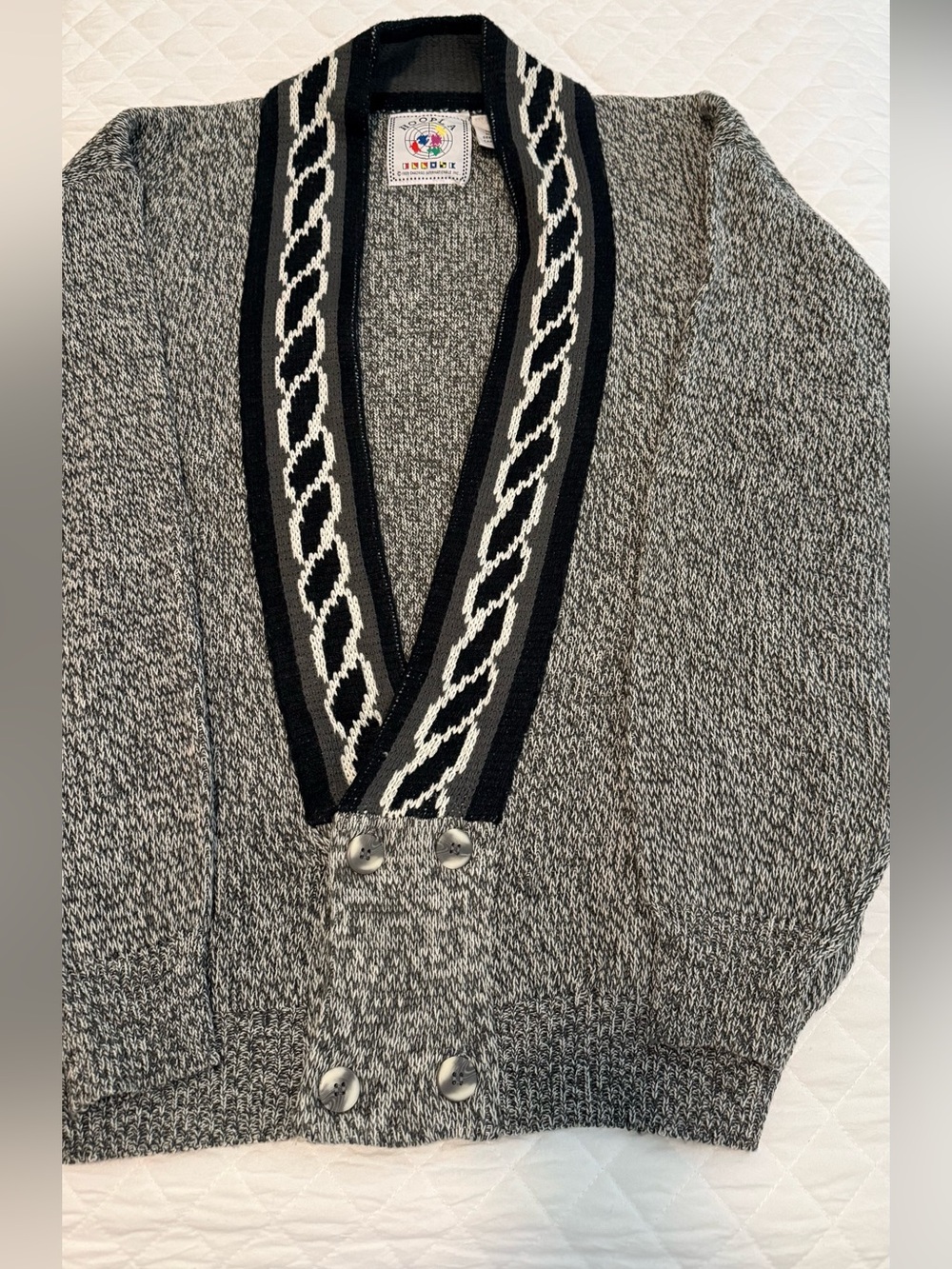 Hoopla Vintage 80s/90s Gray Acrylic V-neck Cardigan with Black/White Trim size m